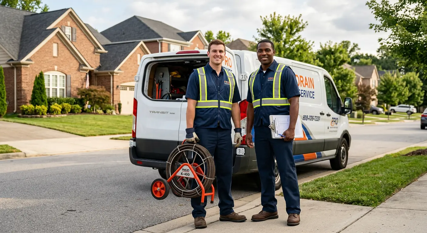 Sewer and drain service team with equipment ready for work in Northfield