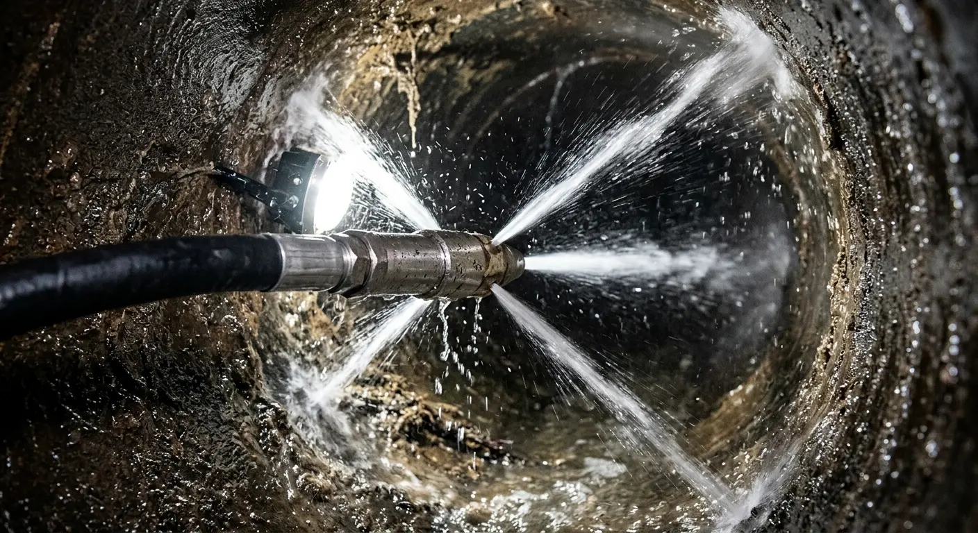 High-pressure hydro jetting nozzle cleaning sewer pipe for Emergency Drain Service in Northfield